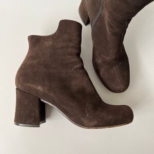 Chie‎ Mihara Brown Suede Leather Ankle Boots Round Toe Block Heel Booties 8.5